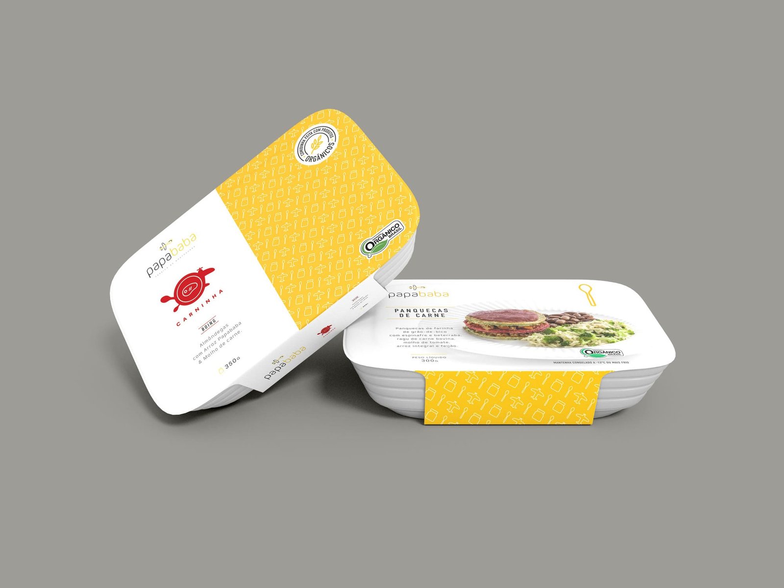 Embalagens de marmita PapaBaba para panquecas de carne e papinha de carninha, com selo de produto orgânico