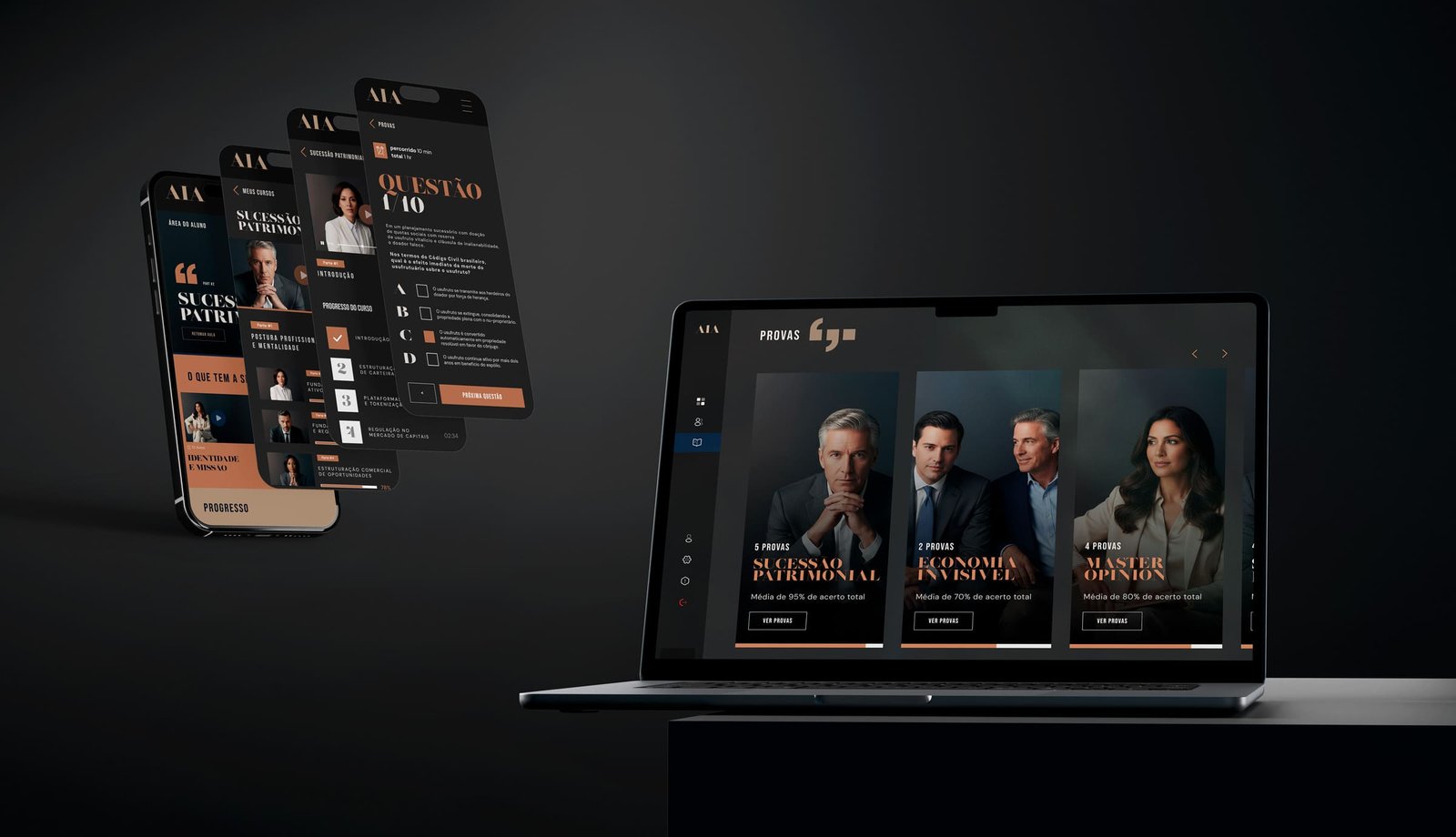 Plataforma do aluno da AIA em celulares e notebook, com cursos, provas e progresso