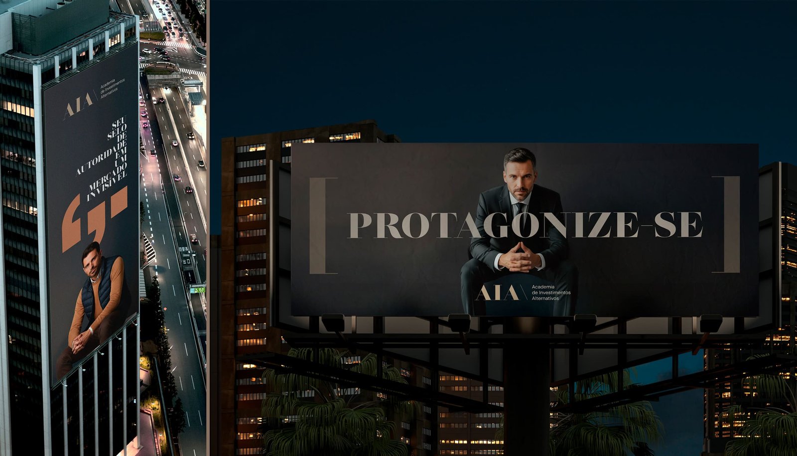 Painel vertical e outdoor da AIA com as frases Seu selo de autoridade em um mercado invisível e Protagonize-se