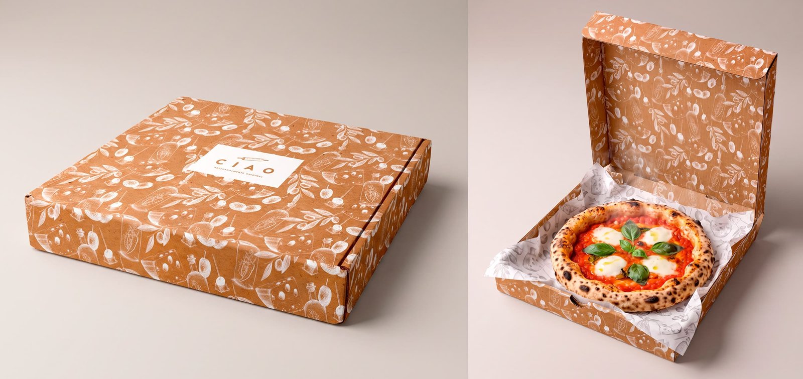 Caixas de pizza da CIAO em kraft com estampa, uma aberta com pizza margherita