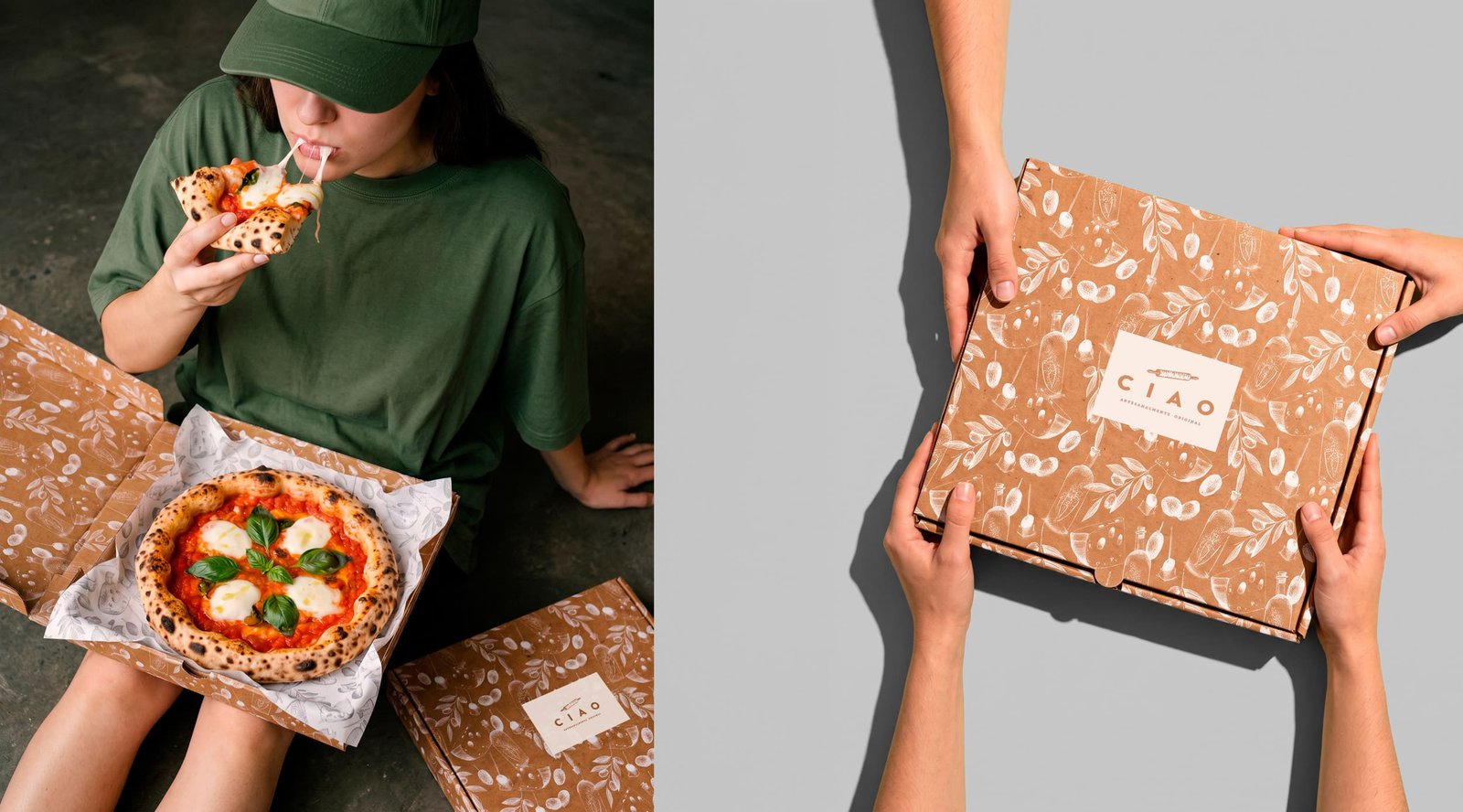 Campanha da CIAO com pizzas, cliente de boné verde e caixa da marca