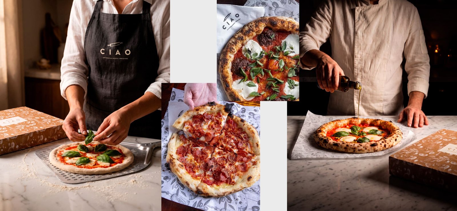 Pizzaiolos com avental da CIAO montando pizzas napoletanas, com caixas da marca na bancada